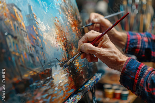 The artist paints a picture on the canvas, close-up