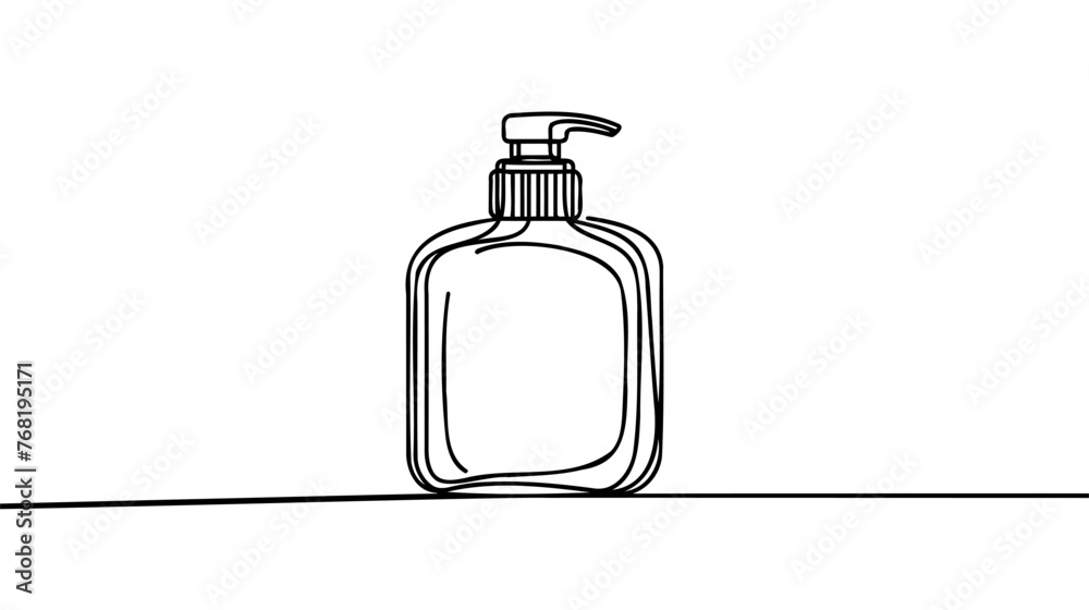 Bottle with liquid soap. Continuous one line drawing. Spray bottle one line drawing on white isolated background. Vector illustration. Continuous line drawing of antiseptic in a bottle. Covid-19. Bottle with liquid soap. Continuous one line drawing. Spray bottle one line drawing on white isolated background. Vector illustration. Continuous line drawing of antiseptic in a bottle. Covid-19.