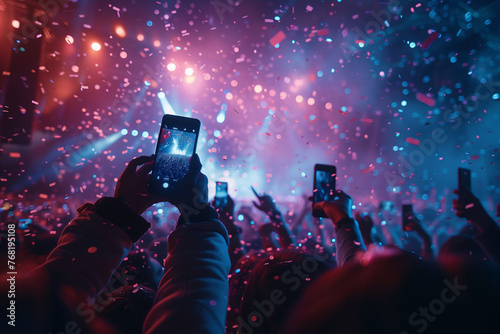 Selective focus of Silhouettes of people holding phones to take pictures at a concert, lights from a performance stage.