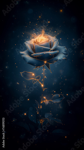 Golden glowing rose flower with transparent petals. Beautiful magical flower on a dark background with shimmering star dust particles. Generative AI