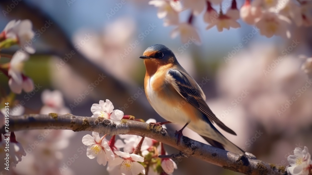 Small bird, yellow rumped Warbler, sitting on a cherry tree branch, AI generated Small bird, yellow rumped Warbler, sitting on a cherry tree branch, AI generated