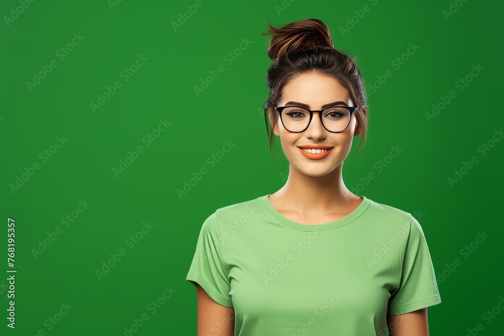 Beautiful attractive smiling woman wearing a green t-shirt on a green background, she is wearing glasses, look in camera, portrait shot, studio background Beautiful attractive smiling woman wearing a green t-shirt on a green background, she is wearing glasses, look in camera, portrait shot, studio background