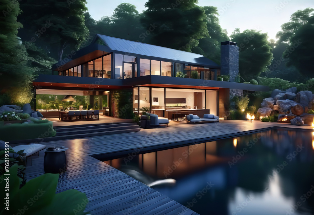 stunning house (villa) with large windows, fireplace and outdoor area with waterfalls and barbecue area. The house is surrounded by lush greenery, creating a serene atmosphere at dusk. stunning house (villa) with large windows, fireplace and outdoor area with waterfalls and barbecue area. The house is surrounded by lush greenery, creating a serene atmosphere at dusk.
