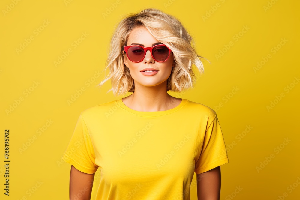 Beautiful attractive smiling woman wearing a yellow t-shirt on a yellow background, she is wearing glasses, look in camera, portrait shot, studio background Beautiful attractive smiling woman wearing a yellow t-shirt on a yellow background, she is wearing glasses, look in camera, portrait shot, studio background