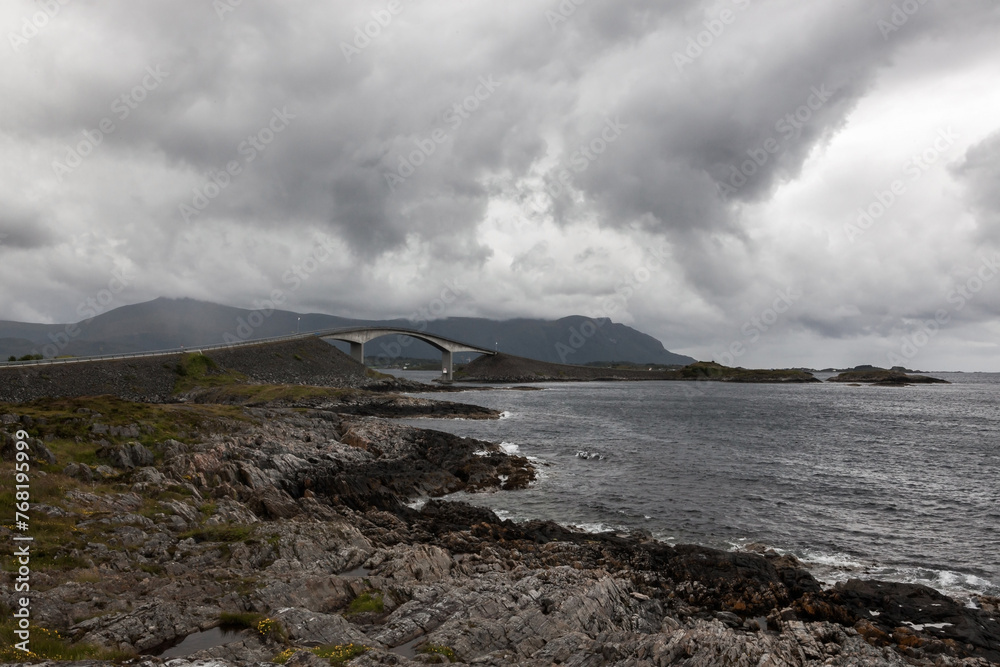 Norway Atlantic Ocean Road (Atlanterhavsveien) before the storm. Norwegian landscape on cloudy day.