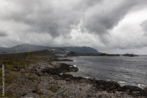 Norway Atlantic Ocean Road (Atlanterhavsveien) before the storm. Norwegian landscape on cloudy day.