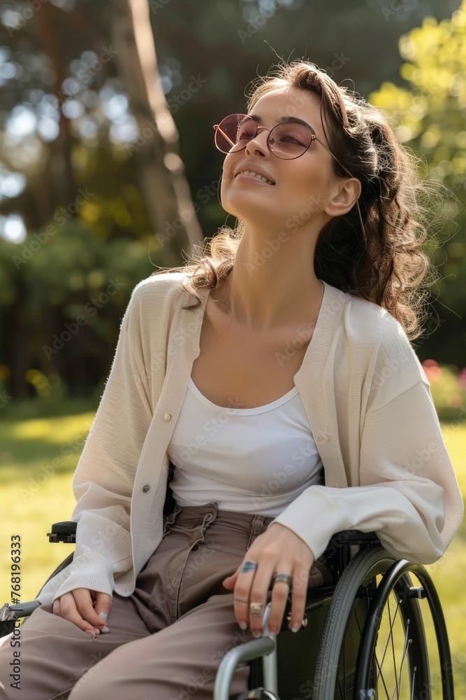paraplegic female wheelchair user sitting in narrow lightweight wheelchair wearing glasses, enjoying the park paraplegic female wheelchair user sitting in narrow lightweight wheelchair wearing glasses, enjoying the park