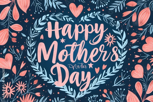 heart shaped seamless flower pattern with Happy Mothers day text sign
