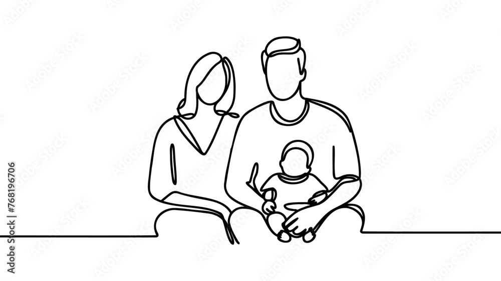One continuous line drawing of happy family.