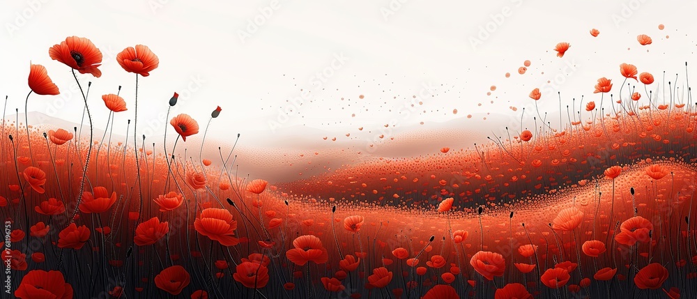 illustration poppy field, red black color - obrazy, fototapety, plakaty 
