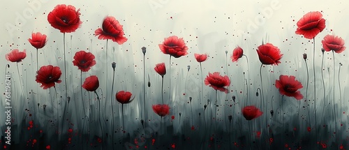 illustration poppy field, red black color