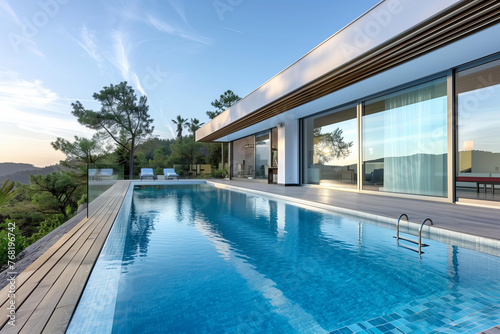 luxury country villa with panoramic windows and a swimming pool. modern minimalist design © ALL YOU NEED studio