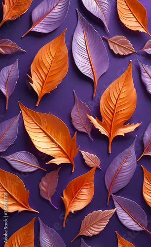 Abstract beautiful background with gold  red and blue leaves on a lilac background  floral pattern 