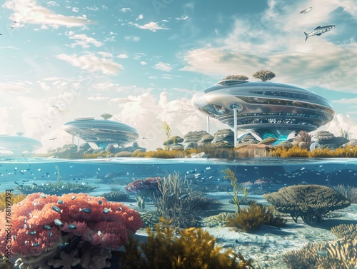 A futuristic city is built on a body of water with a lot of fish and other sea creatures