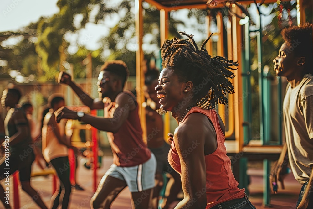 Young millennials african american friends on outdoor gym happy black people having fun together generation z - obrazy, fototapety, plakaty 