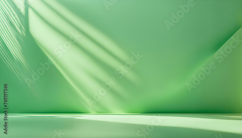 Minimalist abstract green background for product presentation with light and complex openwork shadow on the wall, background for design photo