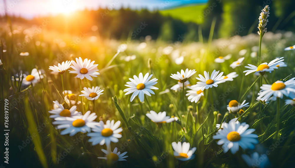 Beautiful spring landscape with meadow flowers and daisies in the grass. Natural summer panorama, summer landscape,