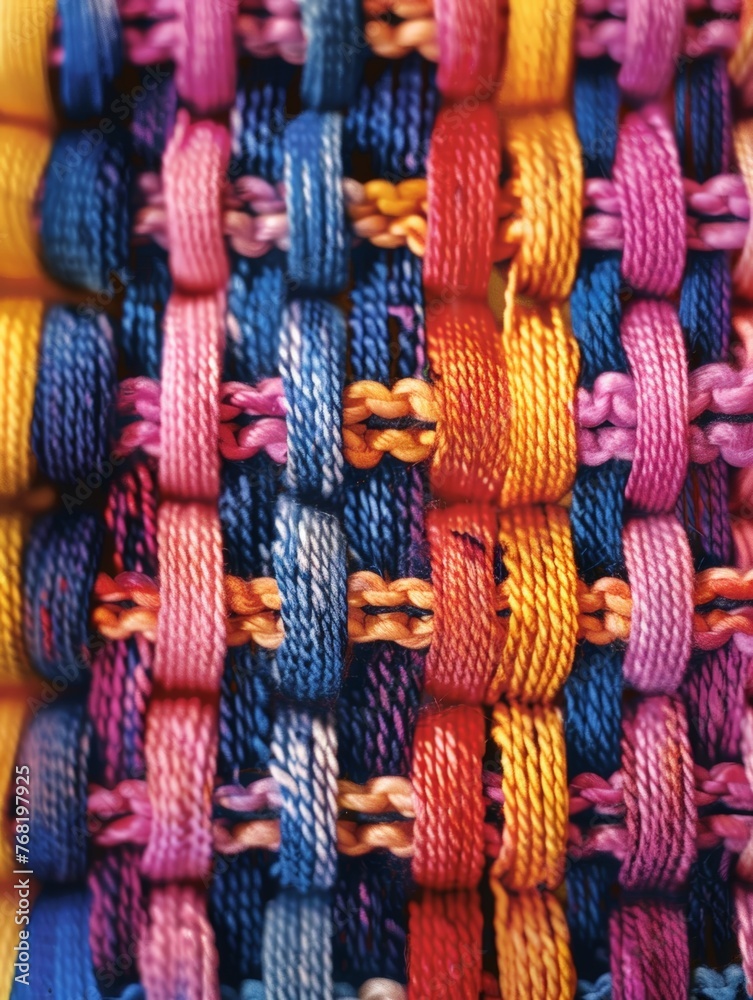 A detailed view of a vibrant and multicolored piece of cloth, showcasing various hues and patterns