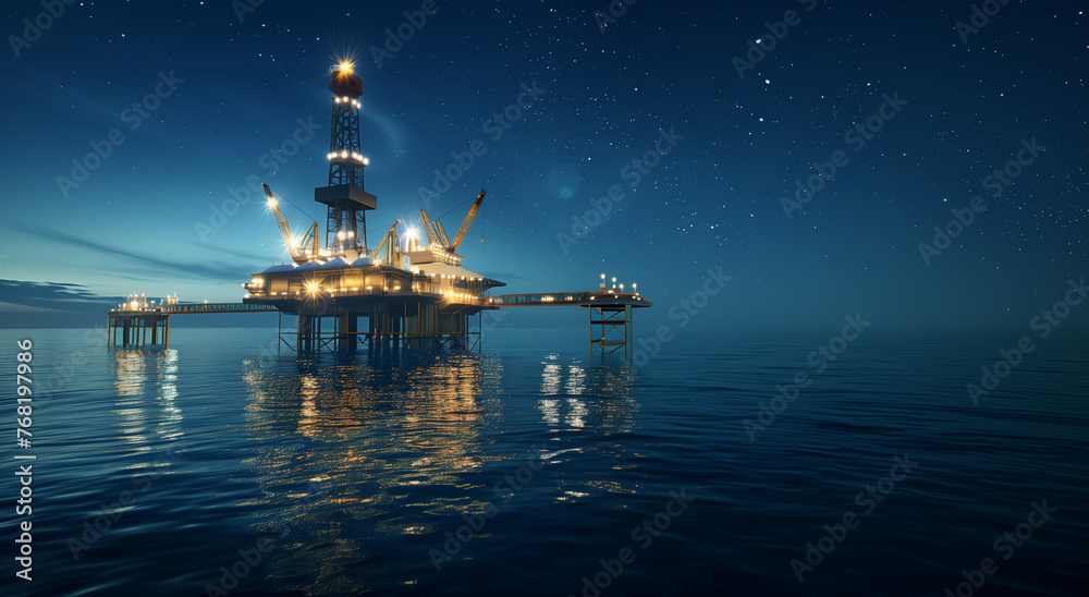 Oil platform at night in the middle of the ocean, Offshore jack up rig at sea 