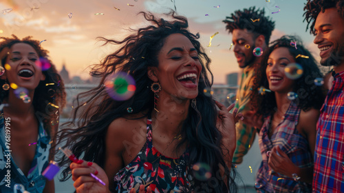 A rooftop party at sunset with a group of joyful friends throwing confetti.