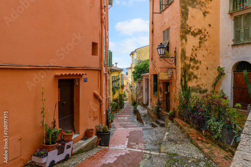 The narrow alleys and residential streets in the hilltop medieval Old Town at Menton, France, along the Cote d'Azur French Riviera.