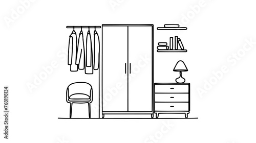 Wardrobe in continuous line art drawing style. Classical style free-standing closet for storing clothes minimalist black linear sketch isolated on white background. Vector illustration.