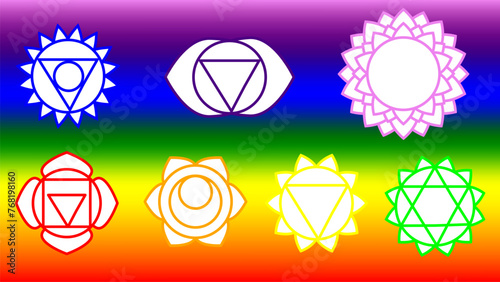 set of seven chakra symbol tattoo isolated on rainbow background. vector illustration.