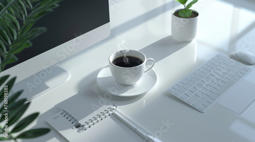 A cup of coffee sits amongst office essentials on a white desk.