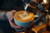 Barista preparing a latte with intricate latte art . Pouring milk into a cup of cappuccino at the table