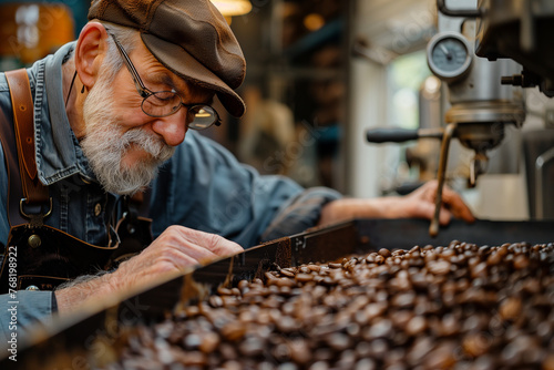 A coffee roaster inspecting freshly roasted coffee beans. A man with a beard gazes at a mound of coffee beans