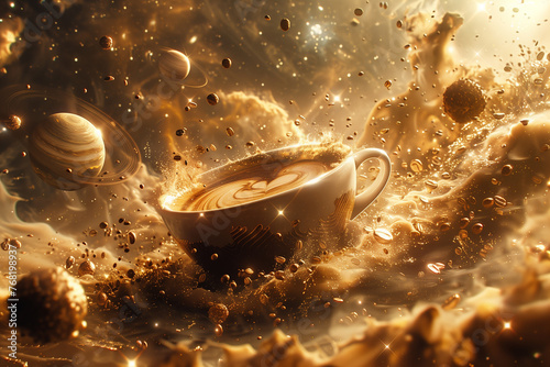 A cosmic journey through the universe where planets are transformed into giant coffee beans orbiting a celestial coffee cup. A fluidfilled cup of coffee among planets in space photo