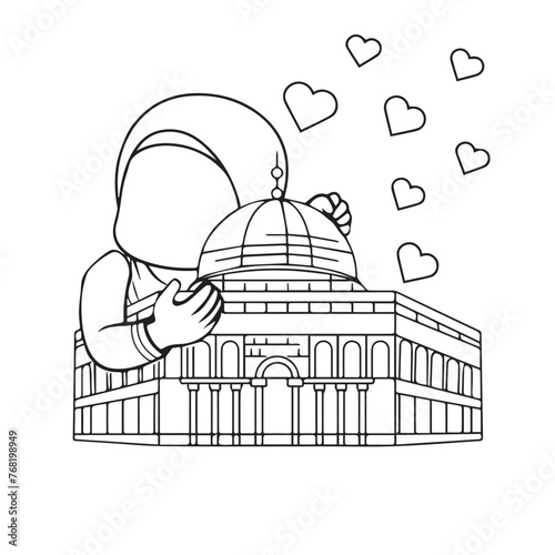 Dome of the rock at Al-Aqsa mosque -Palestine , a liitle girl holding mosque coloring page photo