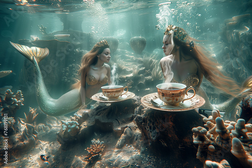 A surreal underwater world where mermaids serve cups of coffee brewed from underwater volcanic vents. Two mermaids enjoying tea underwater in a unique aquatic art event