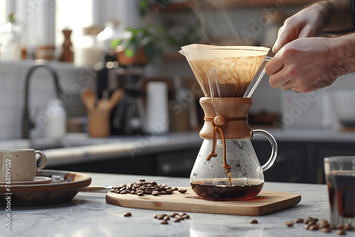Person using a Chemex coffee maker to brew pour-over coffee . A person is pouring coffee into a chemex coffee maker photo