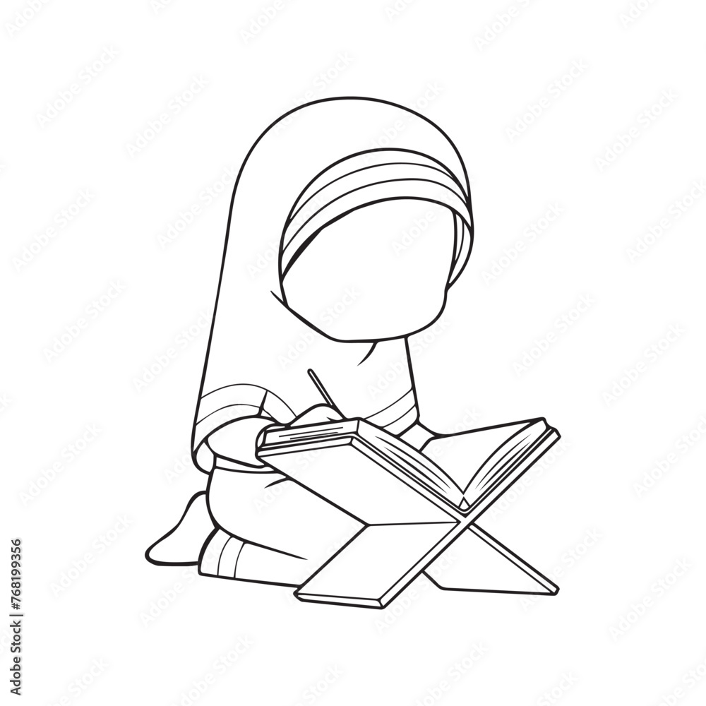 Coloring book cute girl reading Quran. 
