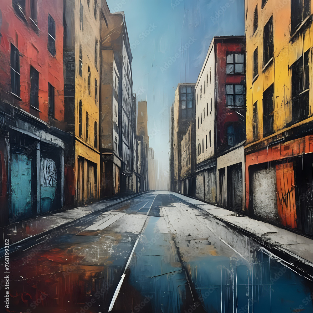 Fototapeta premium Graffiti-style painting of a city street with an urban look and textured surfaces - generated by ai