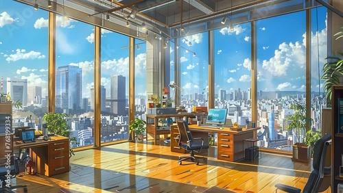 Urban panorama seen from a room with a cityscape view. Seamless Looping 4k Video Animation photo
