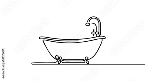 Bathtub in continuous line art drawing style. Clawfoot tub minimalist black linear design isolated on white background. Vector illustration