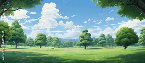 A lively green field fills the foreground  leading the eye towards several trees dotting the background. The scene is rich with shades of green and textures of grass and foliage.