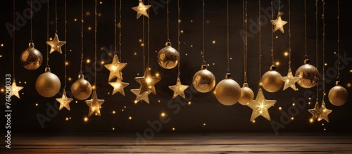 A collection of golden stars elegantly suspended from strings, creating a festive and glittering display. The stars reflect a warm, inviting glow, perfect for the holiday season.