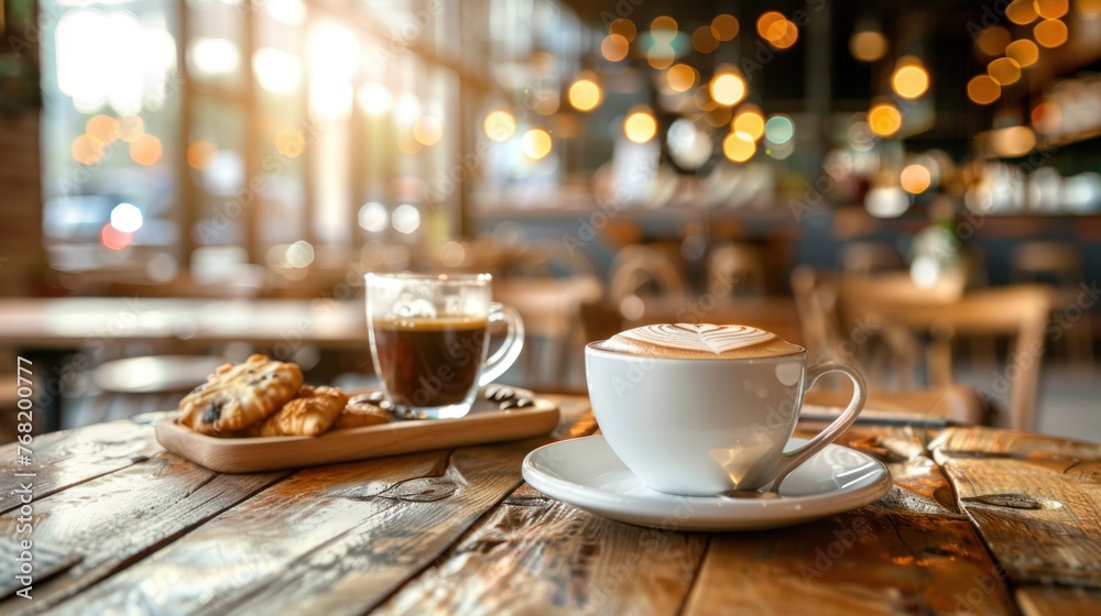 Wooden table top there are several coffee glasses and food on plates with light effect and blurry cafe restaurant background, Wooden table top there are several coffee glasses and food on plates with light effect and blurry cafe restaurant background,