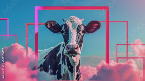 Plakat Optical illusion piece featuring a cow within a digital frame and VR elements