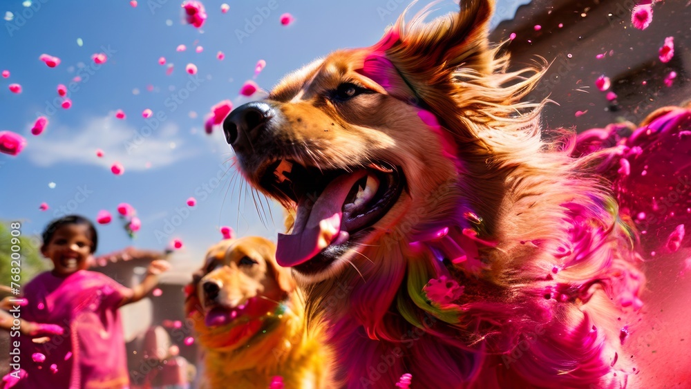 Dogs of various breeds playfully participate in Holi festivities