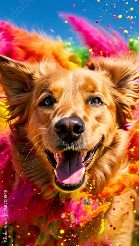 Dogs of various breeds playfully participate in Holi festivities © lastfurianec