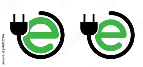 Electric Car Charging or vehicle Chargers. Green E, car charging plug for Hybrid Eco cars. Cartoon green bio or eco power icon or symbol with car. Car plug. photo