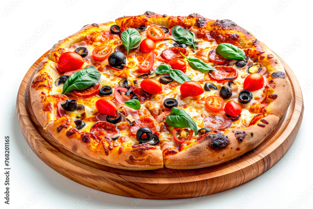Fresh pizza with black olives, cheese and tomatoes served on wooden plate isolated on white