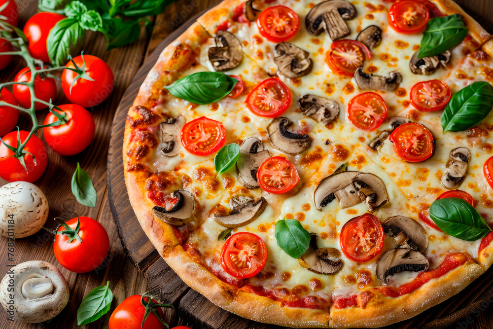 Fresh pizza with mushroom , cheese and tomatoes served on wooden plate on wooden table Fresh pizza with mushroom , cheese and tomatoes served on wooden plate on wooden table
