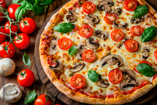 Fresh pizza with mushroom , cheese and tomatoes served on wooden plate on wooden table