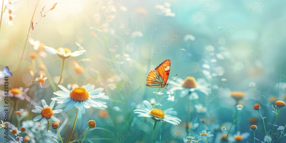 Beautiful wild flowers daisies and butterfly in morning cool haze in nature spring close-up macro. Delightful airy artistic image beauty summer nature Beautiful wild flowers daisies and butterfly in morning cool haze in nature spring close-up macro. Delightful airy artistic image beauty summer nature