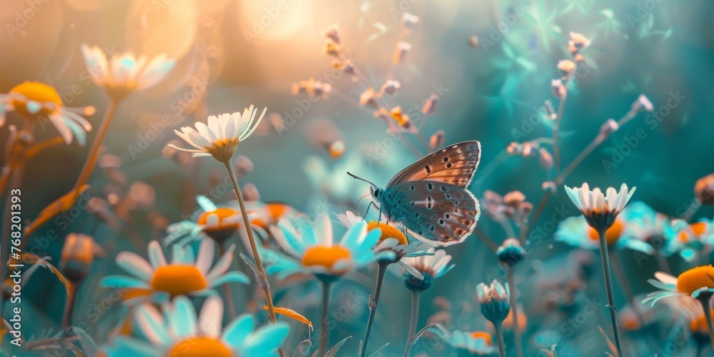 Beautiful wild flowers daisies and butterfly in morning cool haze in nature summer close-up macro. Delightful airy artistic image beauty summer nature.  - obrazy, fototapety, plakaty 